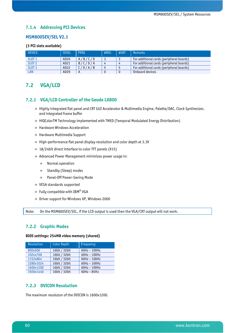 4 addressing pci devices, 2 vga/lcd, 1 vga/lcd controller of the geode lx800 | 2 graphic modes, 3 dvicon resolution, Addressing pci devices, Vga/lcd, Vga/lcd controller of the geode lx800, Graphic modes, Dvicon resolution | Kontron MSM800SEL User Manual | Page 62 / 106