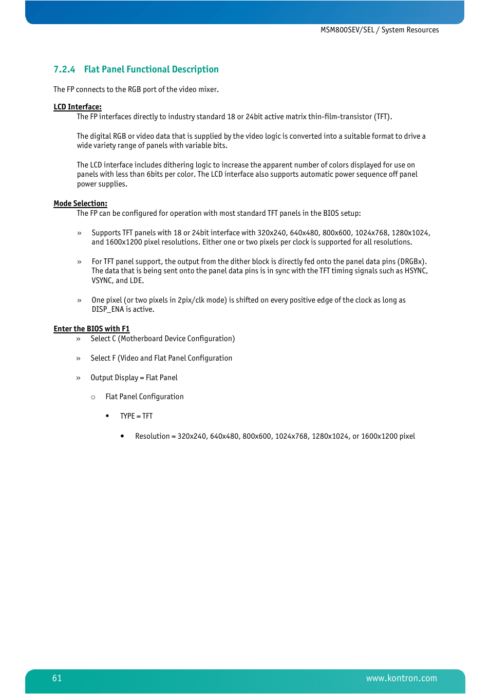 4 flat panel functional description, Flat panel functional description | Kontron MSM800SEL User Manual | Page 63 / 106