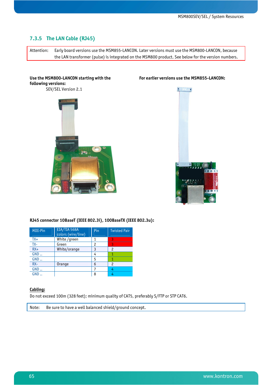 5 the lan cable (rj45), The lan cable (rj45) | Kontron MSM800SEL User Manual | Page 67 / 106