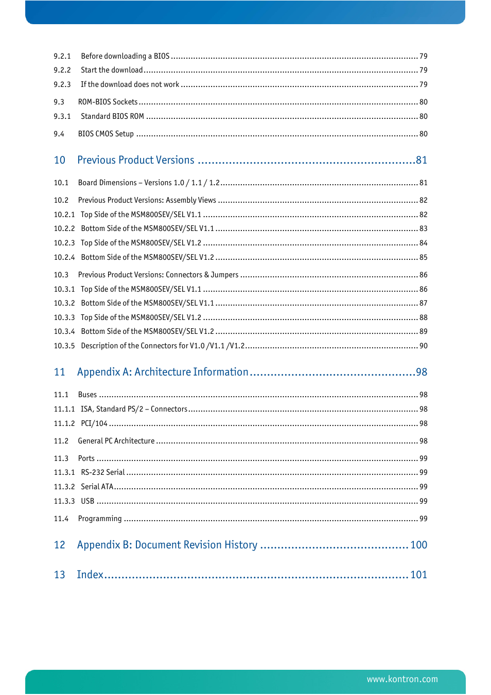 Previous product versions, Appendix a: architecture information, Appendix b: document revision history 13 | Index | Kontron MSM800SEL User Manual | Page 7 / 106