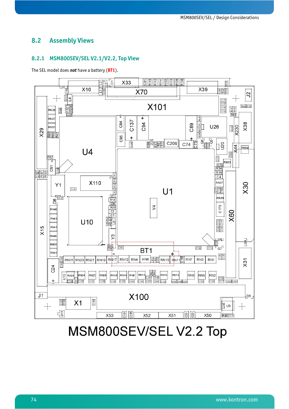 2 assembly views, 1 msm800sev/sel v2.1/v2.2, top view, Assembly views | Msm800sev/sel v2.1/v2.2, top view | Kontron MSM800SEL User Manual | Page 76 / 106