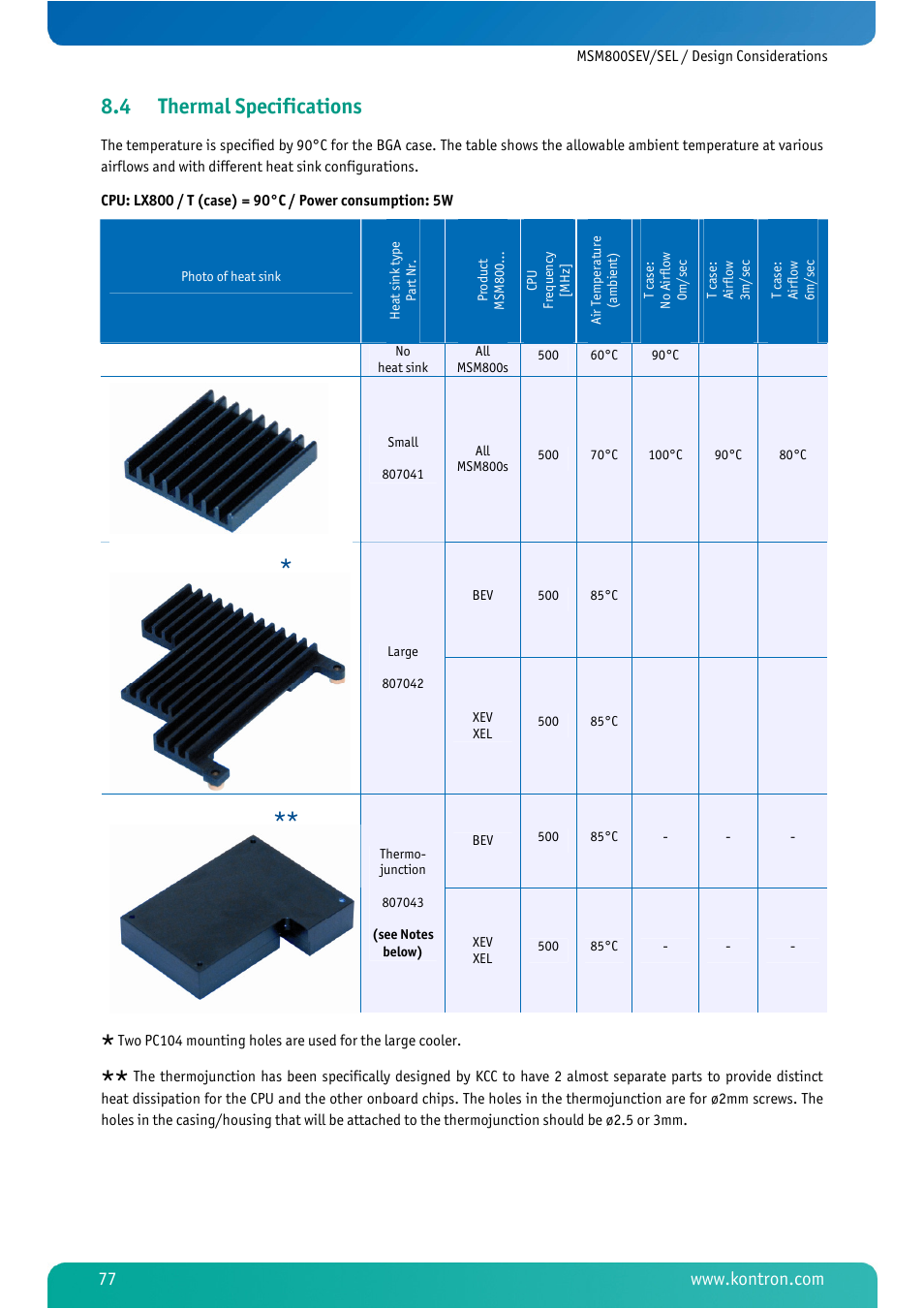 4 thermal specifications, Thermal specifications | Kontron MSM800SEL User Manual | Page 79 / 106