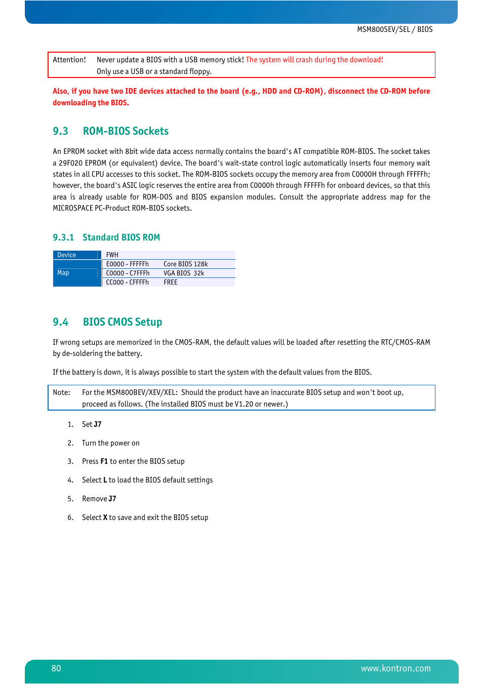 3 rom-bios sockets, 1 standard bios rom, 4 bios cmos setup | Rom-bios sockets, Standard bios rom, Bios cmos setup | Kontron MSM800SEL User Manual | Page 82 / 106