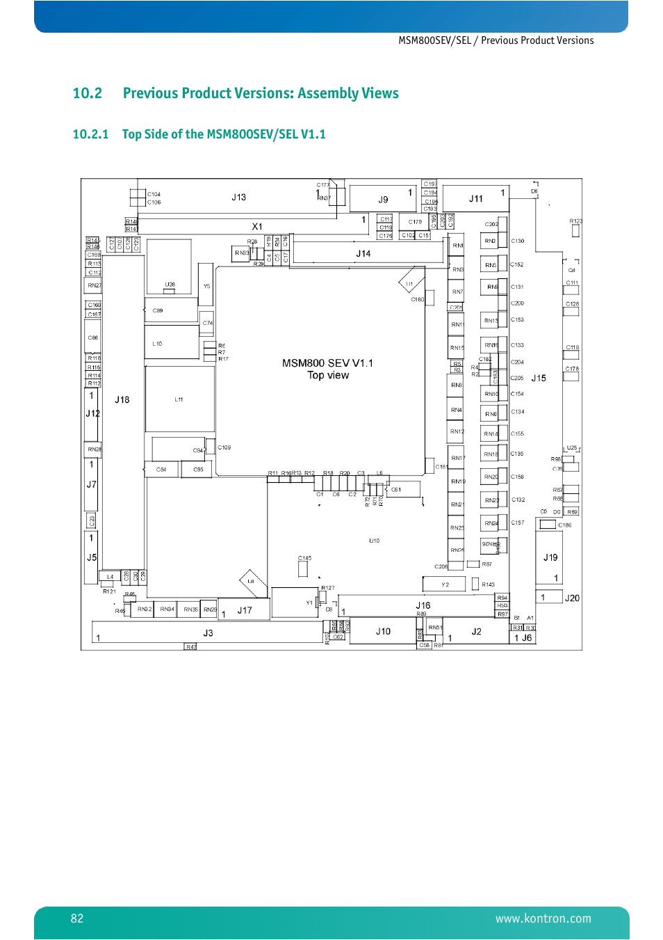 2 previous product versions: assembly views, 1 top side of the msm800sev/sel v1.1, Previous product versions: assembly views | Top side of the msm800sev/sel v1.1 | Kontron MSM800SEL User Manual | Page 84 / 106