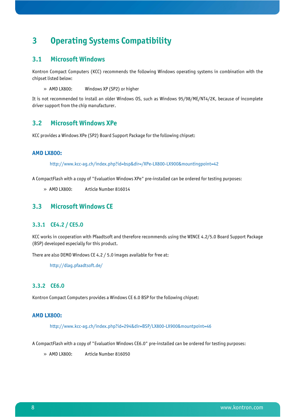 3 operating systems compatibility, 1 microsoft windows, 2 microsoft windows xpe | 3 microsoft windows ce, 1 ce4.2 / ce5.0, 2 ce6.0, Operating systems compatibility, Microsoft windows, Microsoft windows xpe, Microsoft windows ce | Kontron MSM800BEV V101 BIOS User Manual | Page 10 / 58