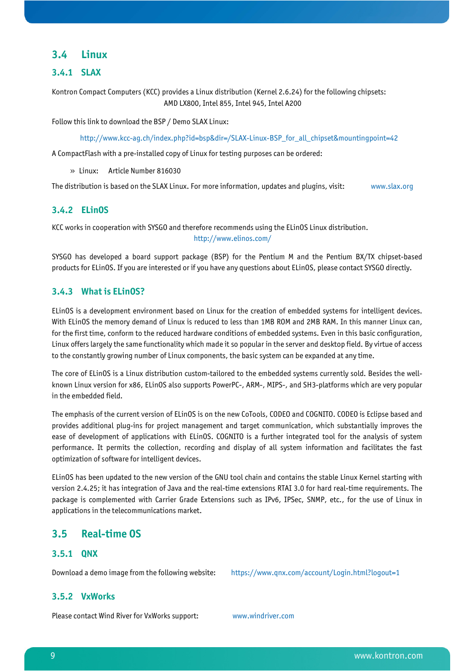 4 linux, 1 slax, 2 elinos | 3 what is elinos, 5 real-time os, 1 qnx, 2 vxworks, Linux, Slax, Elinos | Kontron MSM800BEV V101 BIOS User Manual | Page 11 / 58