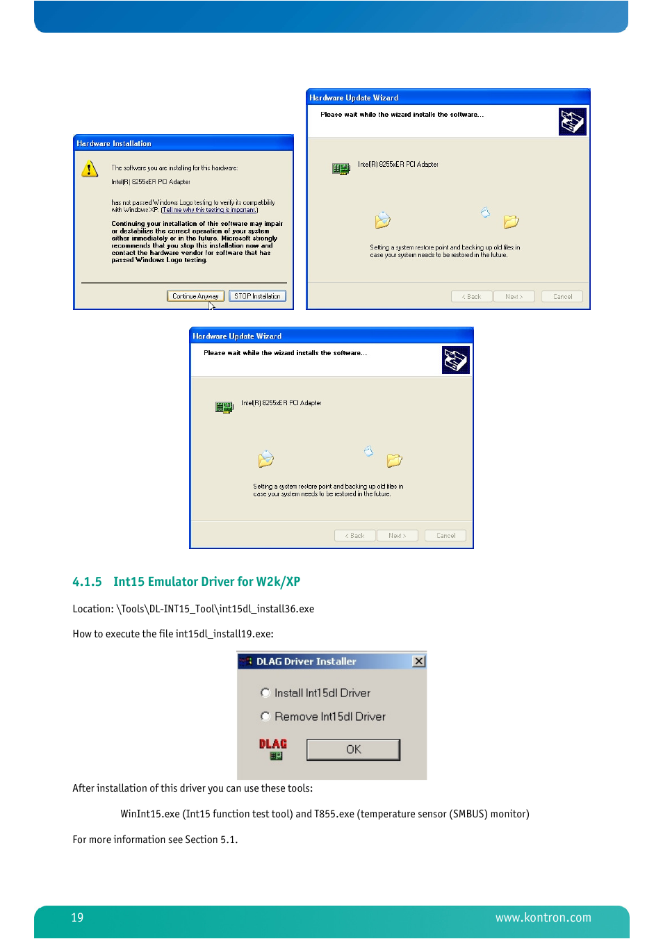 5 int15 emulator driver for w2k/xp, Int15 emulator driver for w2k/xp | Kontron MSM800BEV V101 BIOS User Manual | Page 21 / 58