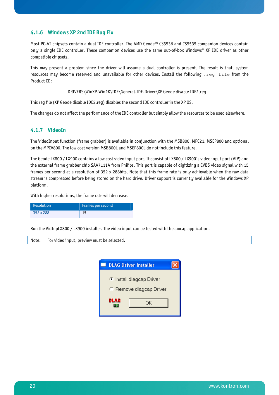 6 windows xp 2nd ide bug fix, 7 videoin, Windows xp 2nd ide bug fix | Videoin | Kontron MSM800BEV V101 BIOS User Manual | Page 22 / 58