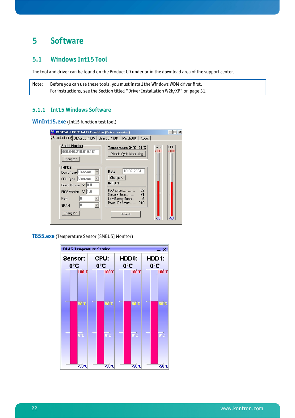 5 software, 1 windows int15 tool, 1 int15 windows software | Software, Windows int15 tool, Int15 windows software, 5software | Kontron MSM800BEV V101 BIOS User Manual | Page 24 / 58