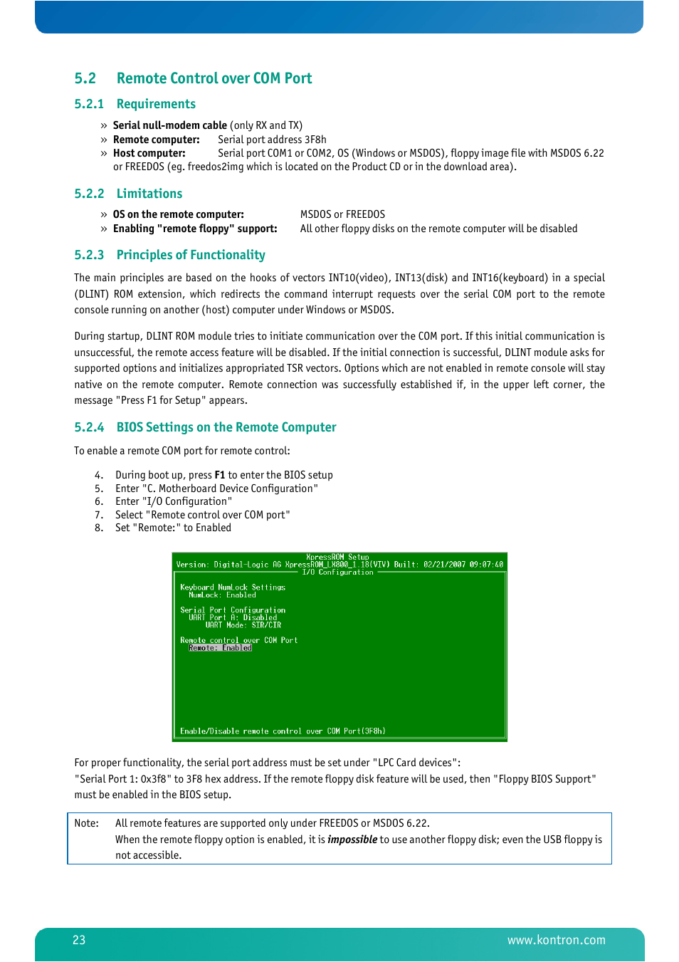 2 remote control over com port, 1 requirements, 2 limitations | 3 principles of functionality, 4 bios settings on the remote computer, Remote control over com port, Requirements, Limitations, Principles of functionality, Bios settings on the remote computer | Kontron MSM800BEV V101 BIOS User Manual | Page 25 / 58