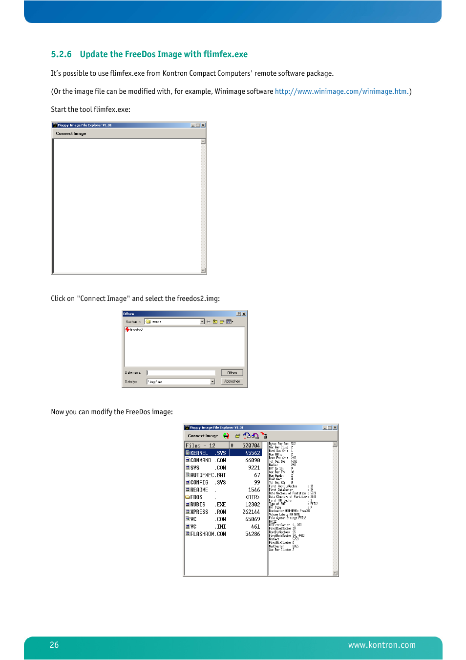 6 update the freedos image with flimfex.exe, Update the freedos image with flimfex.exe | Kontron MSM800BEV V101 BIOS User Manual | Page 28 / 58