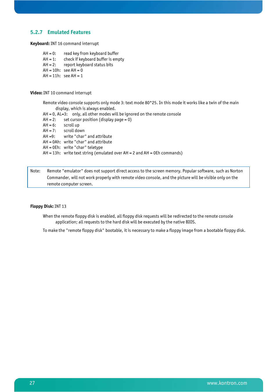 7 emulated features, Emulated features | Kontron MSM800BEV V101 BIOS User Manual | Page 29 / 58