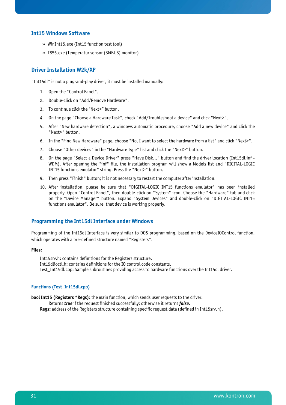 Driver installation w2k/xp, Programming the int15dl interface under windows | Kontron MSM800BEV V101 BIOS User Manual | Page 33 / 58