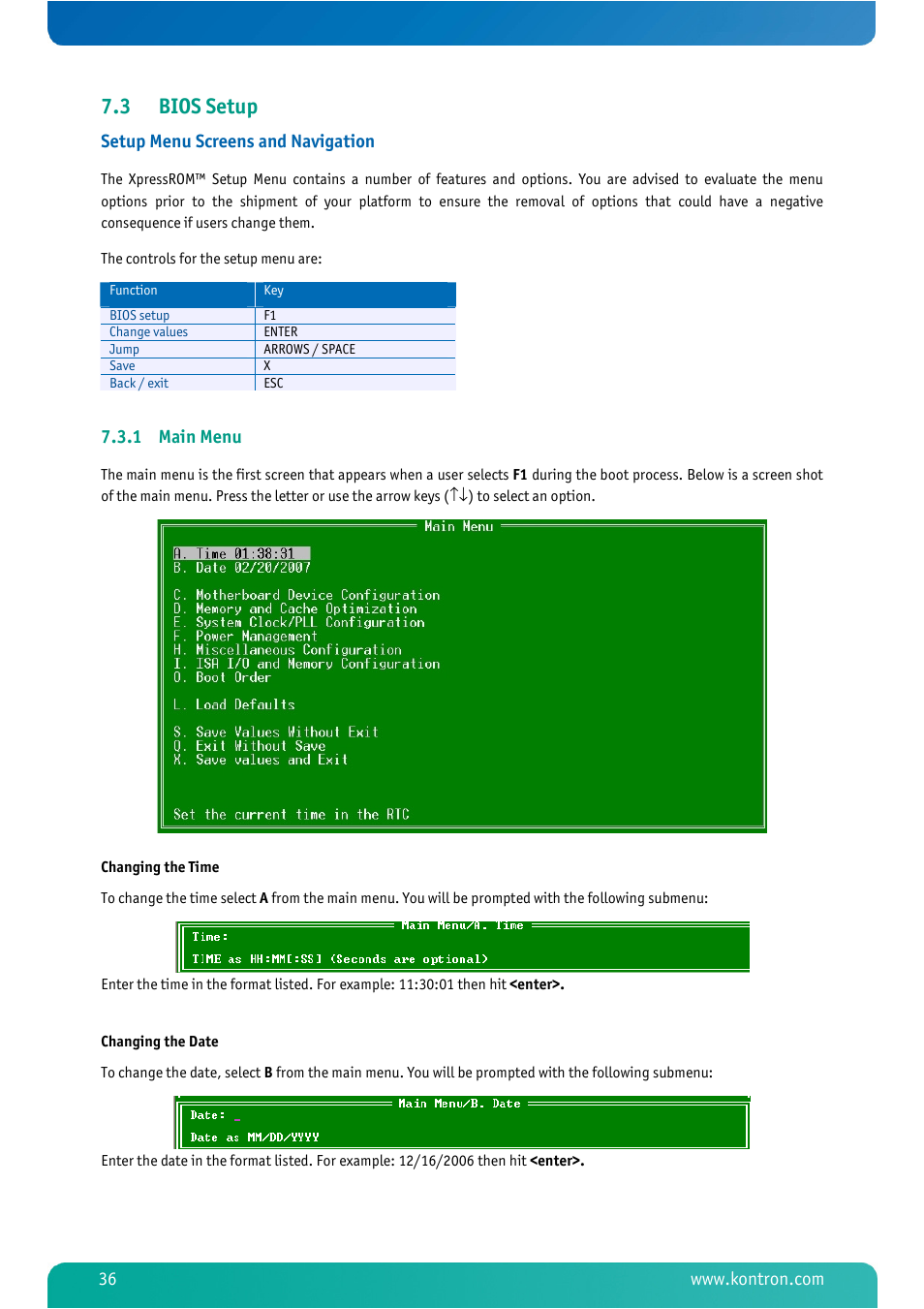 3 bios setup, 1 main menu, Bios setup | Main menu, Setup menu screens and navigation | Kontron MSM800BEV V101 BIOS User Manual | Page 38 / 58