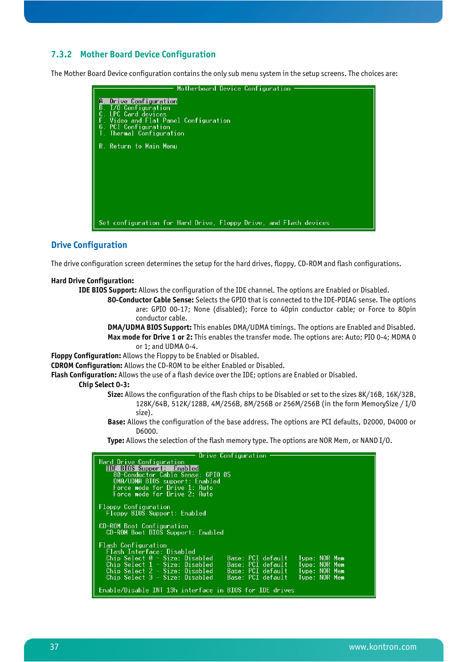 2 mother board device configuration, Mother board device configuration, Drive configuration | Kontron MSM800BEV V101 BIOS User Manual | Page 39 / 58