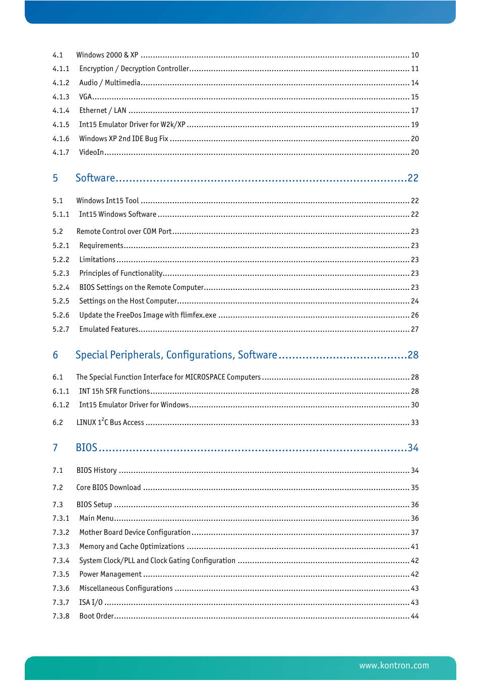 Software, Special peripherals, configurations, software, Bios | Kontron MSM800BEV V101 BIOS User Manual | Page 4 / 58