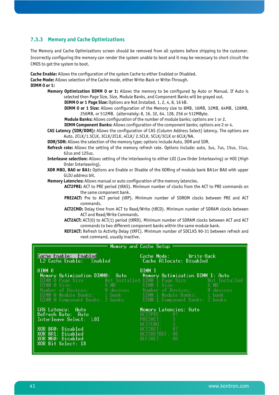 3 memory and cache optimizations, Memory and cache optimizations | Kontron MSM800BEV V101 BIOS User Manual | Page 43 / 58