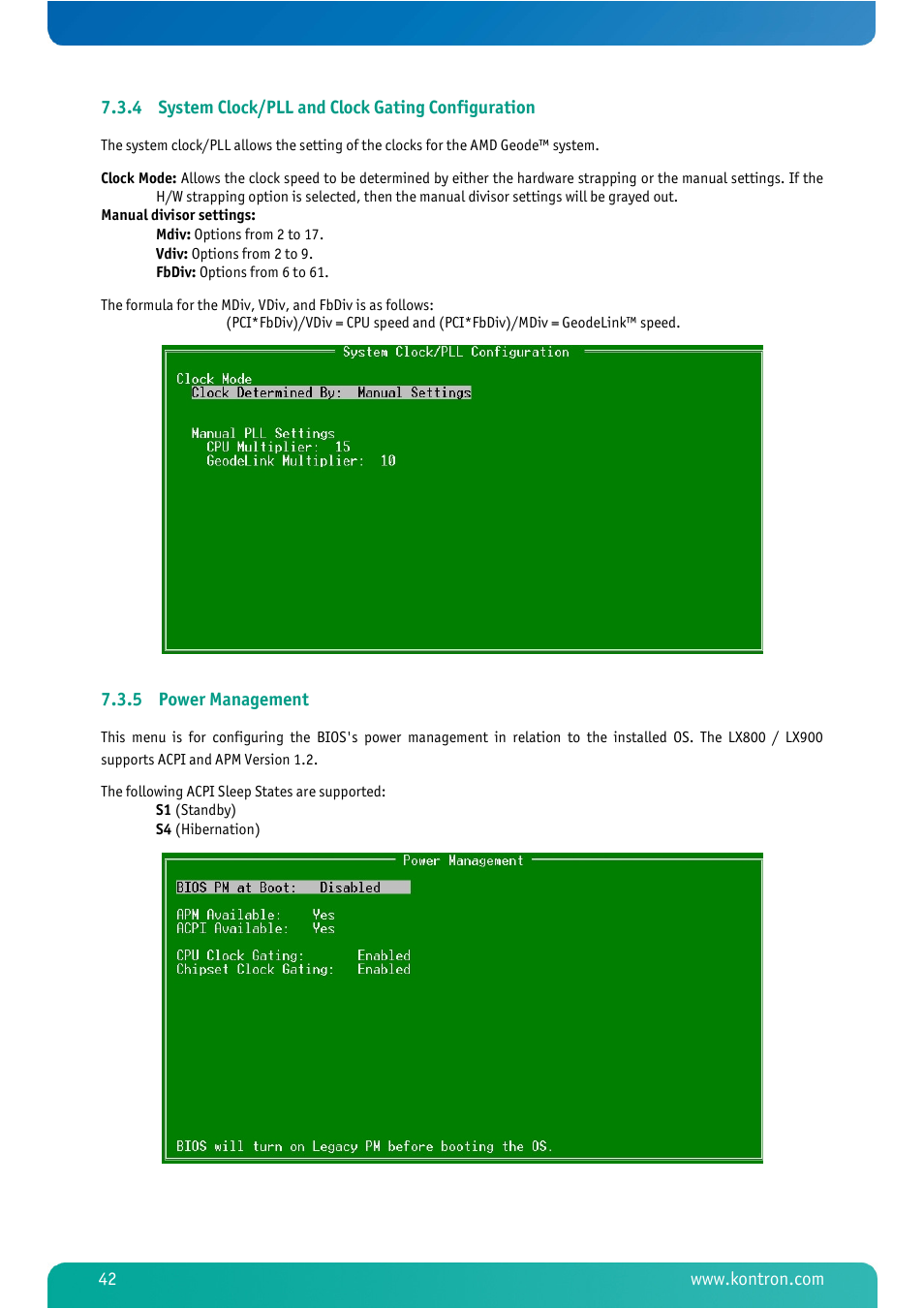 4 system clock/pll and clock gating configuration, 5 power management, System clock/pll and clock gating configuration | Power management | Kontron MSM800BEV V101 BIOS User Manual | Page 44 / 58