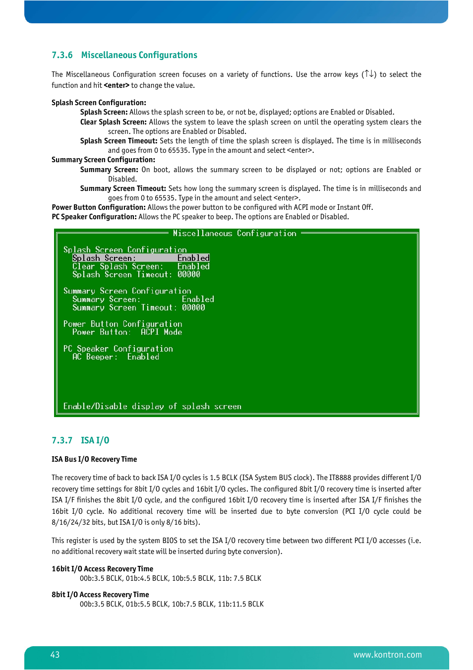 6 miscellaneous configurations, 7 isa i/o, Miscellaneous configurations | Isa i/o | Kontron MSM800BEV V101 BIOS User Manual | Page 45 / 58