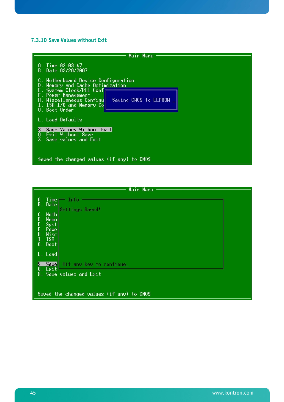 10 save values without exit, Save values without exit | Kontron MSM800BEV V101 BIOS User Manual | Page 47 / 58