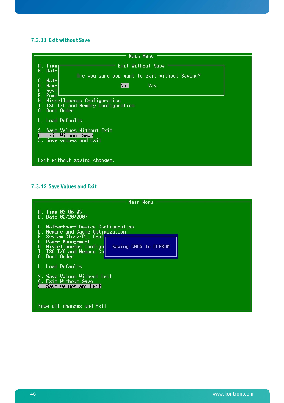 11 exit without save, 12 save values and exit, Exit without save | Save values and exit | Kontron MSM800BEV V101 BIOS User Manual | Page 48 / 58