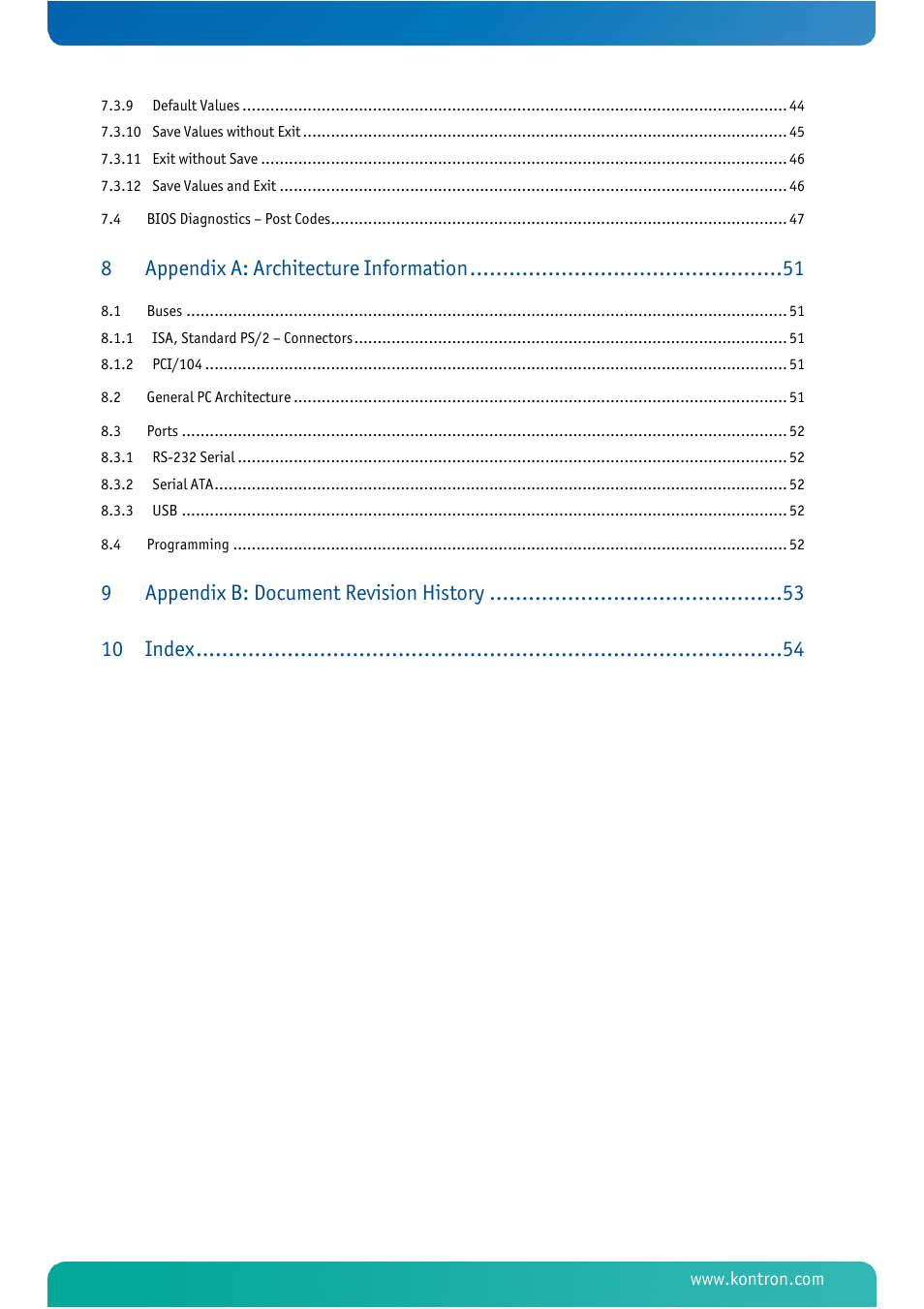 Appendix a: architecture information, Appendix b: document revision history 10, Index | Kontron MSM800BEV V101 BIOS User Manual | Page 5 / 58