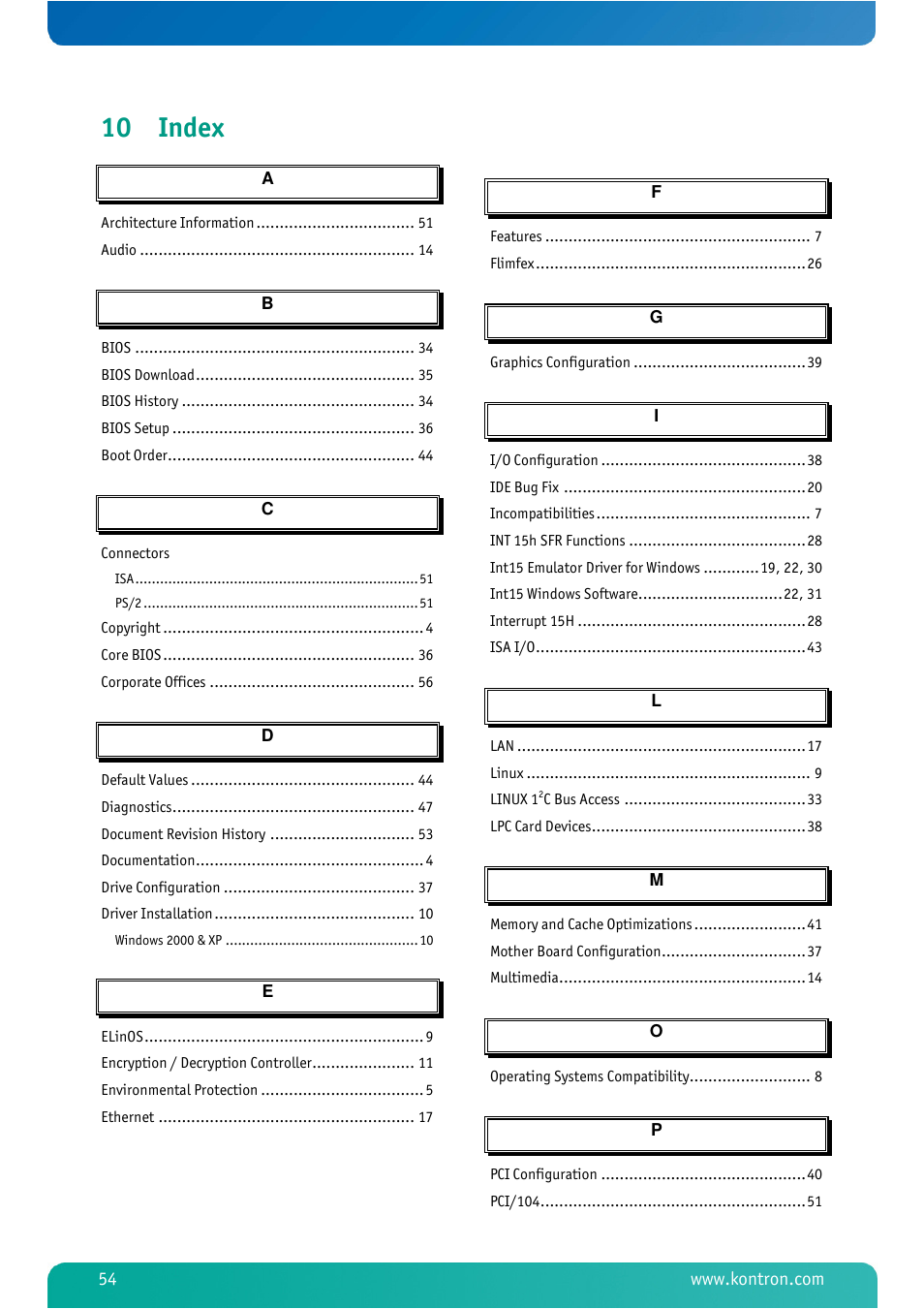 10 index, Index | Kontron MSM800BEV V101 BIOS User Manual | Page 56 / 58