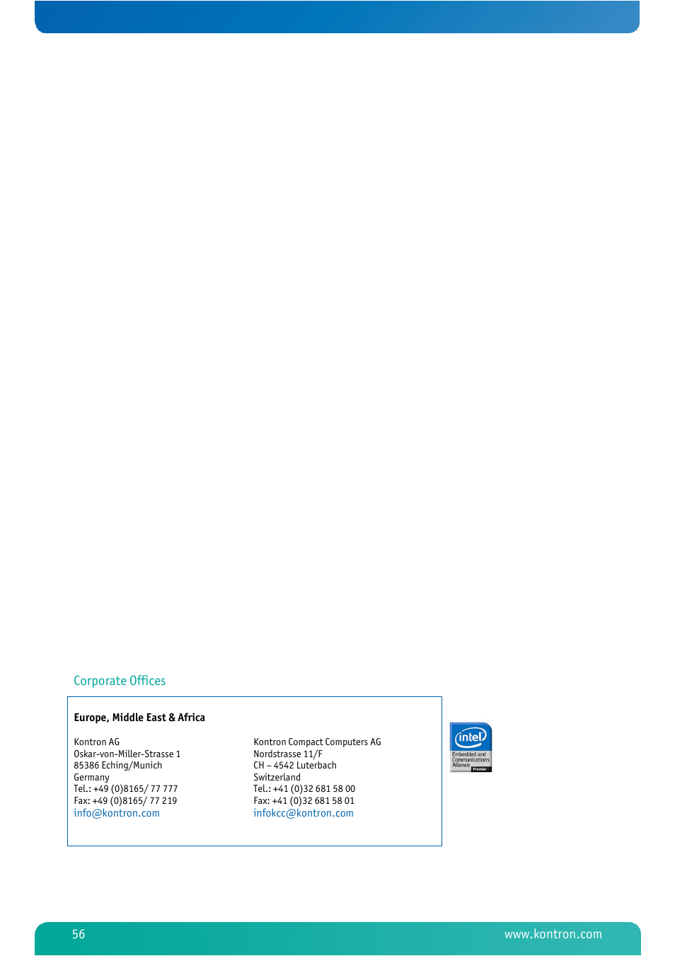 Corporate offices | Kontron MSM800BEV V101 BIOS User Manual | Page 58 / 58