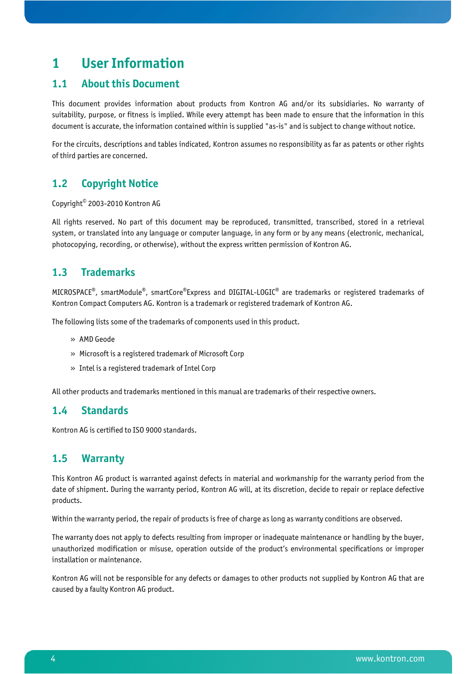 1 user information, 1 about this document, 2 copyright notice | 3 trademarks, 4 standards, 5 warranty, User information, About this document, Copyright notice, Trademarks | Kontron MSM800BEV V101 BIOS User Manual | Page 6 / 58