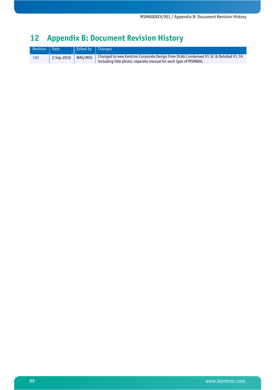 12 appendix b: document revision history, Appendix b: document revision history | Kontron MSM800XEL User Manual | Page 101 / 105