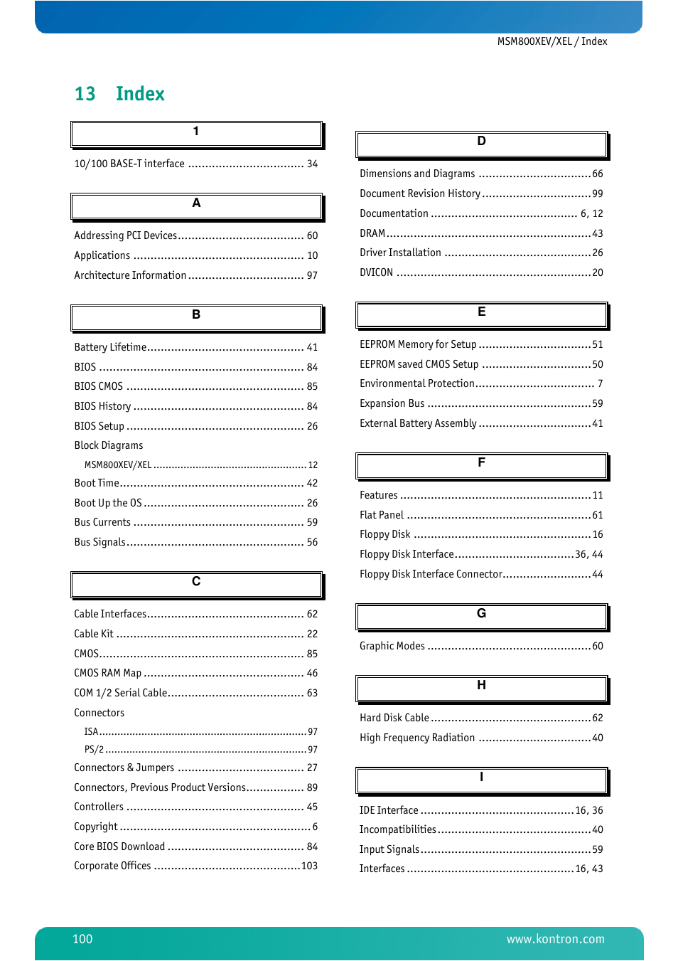 13 index, Index | Kontron MSM800XEL User Manual | Page 102 / 105