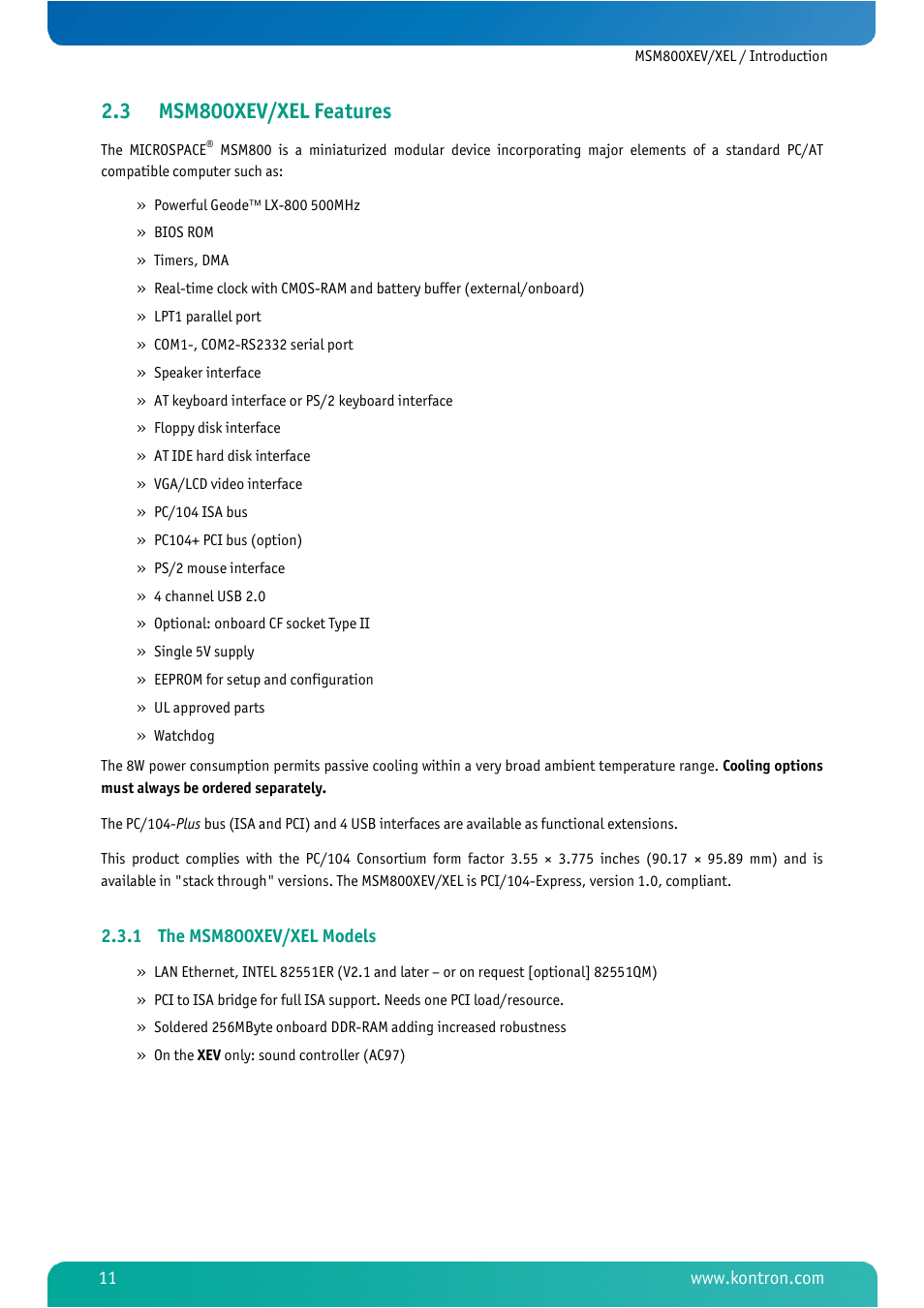 3 msm800xev/xel features, 1 the msm800xev/xel models, Msm800xev/xel features | The msm800xev/xel models | Kontron MSM800XEL User Manual | Page 13 / 105