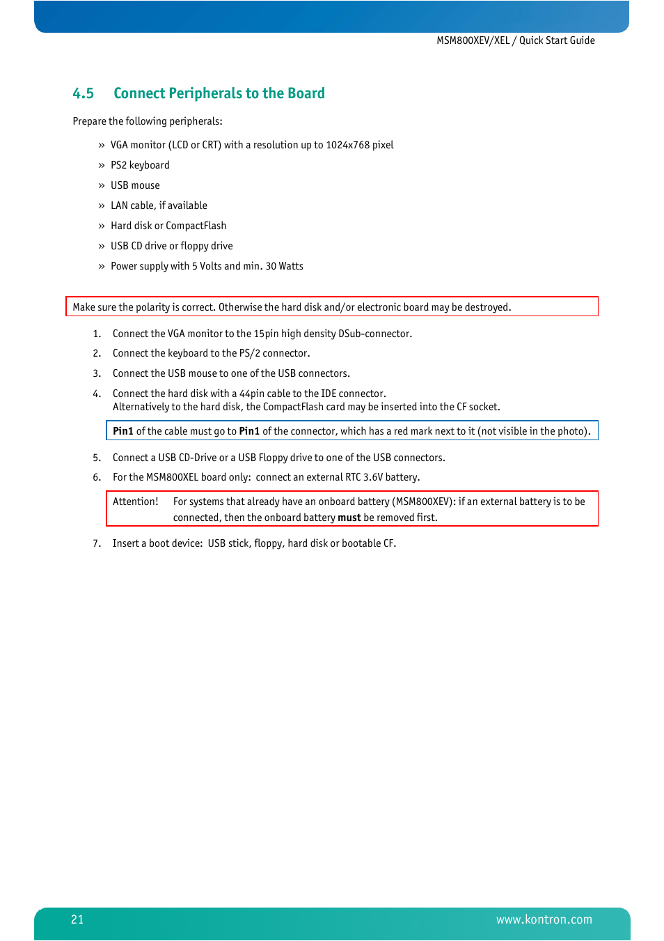 5 connect peripherals to the board, Connect peripherals to the board | Kontron MSM800XEL User Manual | Page 23 / 105