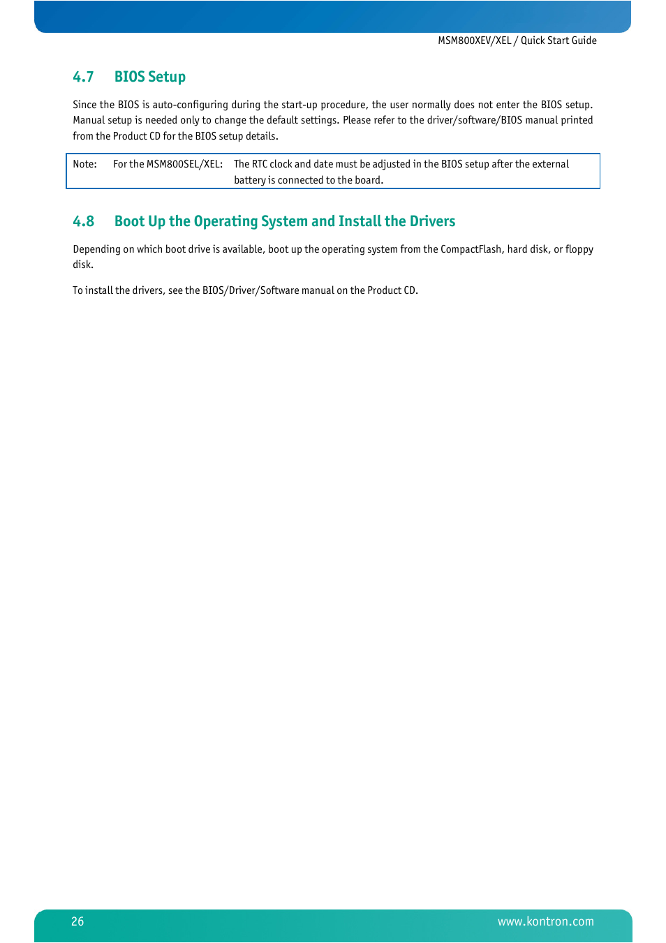 7 bios setup, Bios setup | Kontron MSM800XEL User Manual | Page 28 / 105
