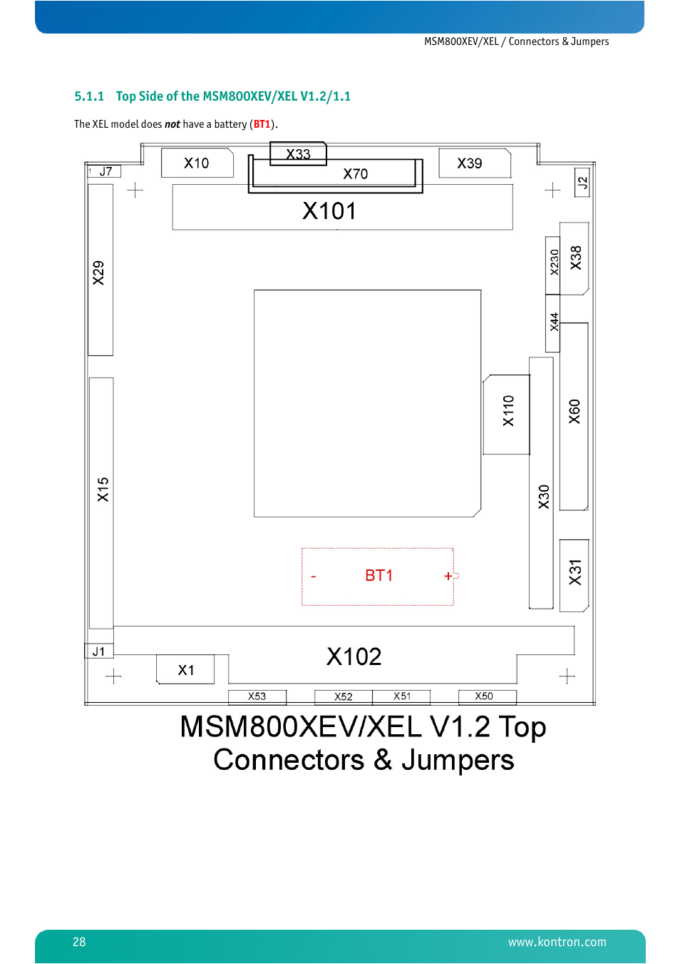 1 top side of the msm800xev/xel v1.2/1.1, Top side of the msm800xev/xel v1.2/1.1 | Kontron MSM800XEL User Manual | Page 30 / 105