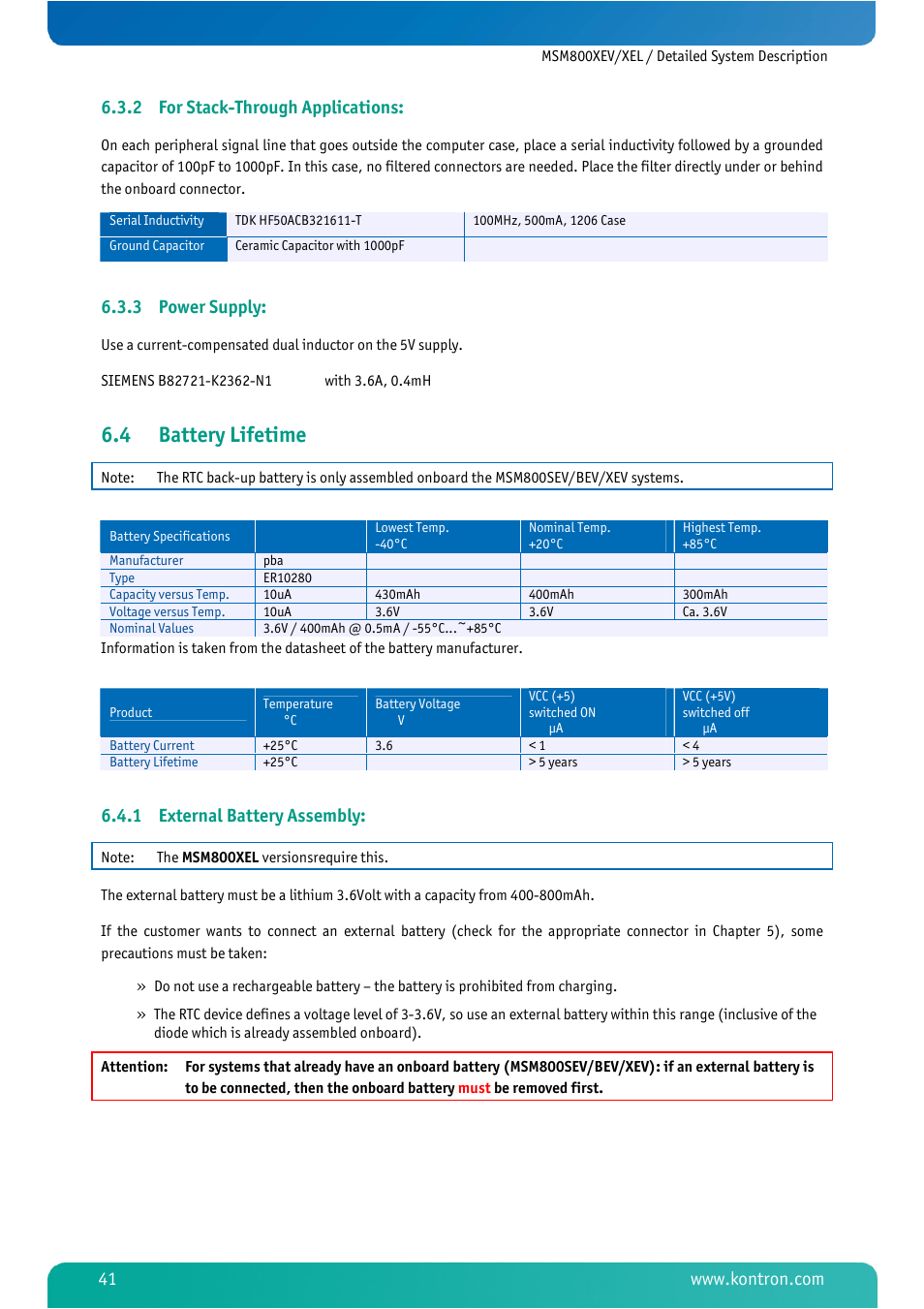 2 for stack-through applications, 3 power supply, 4 battery lifetime | 1 external battery assembly, For stack-through applications, Power supply, Battery lifetime, External battery assembly | Kontron MSM800XEL User Manual | Page 43 / 105