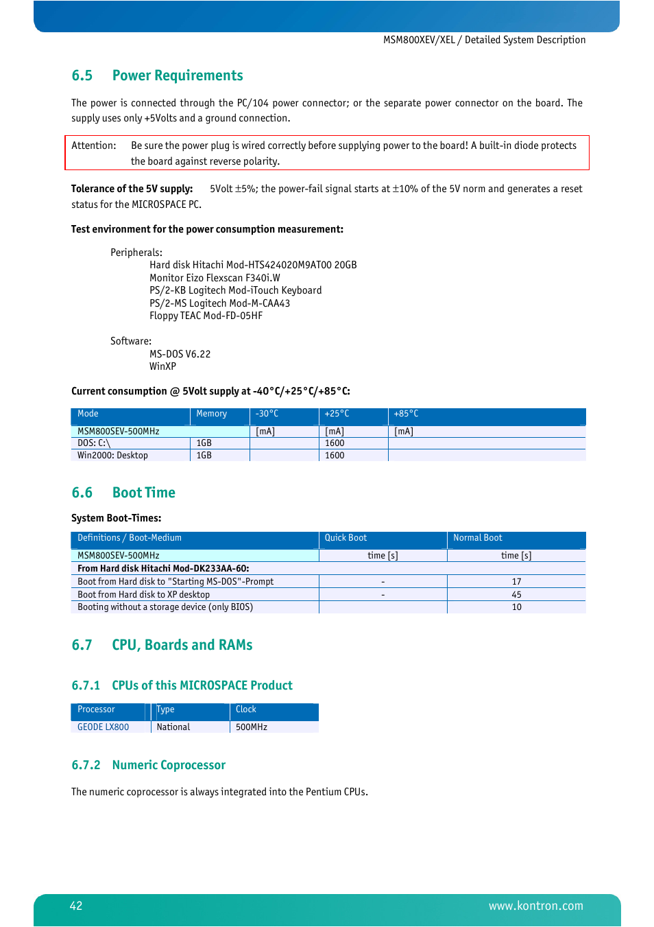 5 power requirements, 6 boot time, 7 cpu, boards and rams | 1 cpus of this microspace product, 2 numeric coprocessor, Power requirements, Boot time, Cpu, boards and rams, Cpus of this microspace product, Numeric coprocessor | Kontron MSM800XEL User Manual | Page 44 / 105