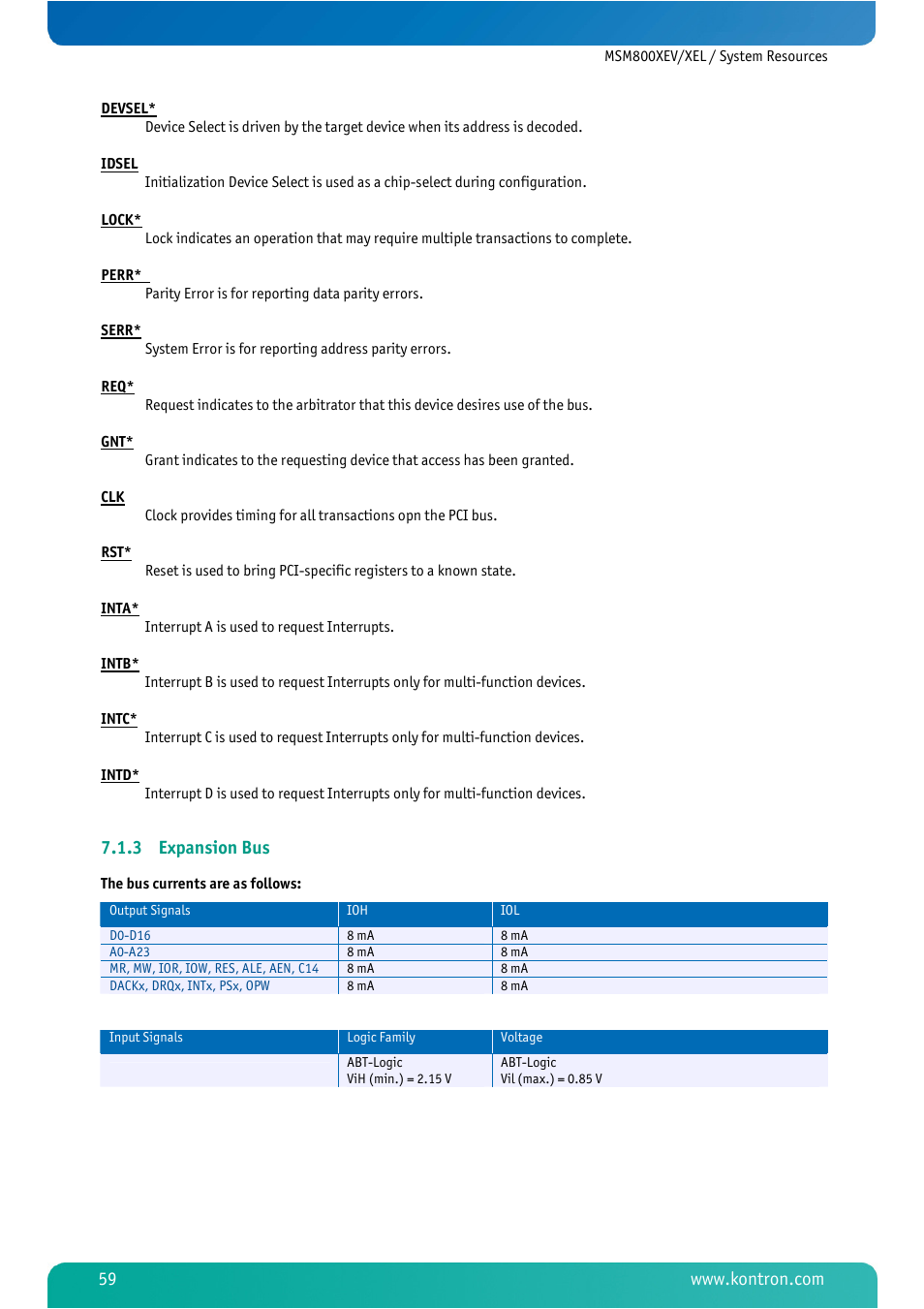 3 expansion bus, Expansion bus | Kontron MSM800XEL User Manual | Page 61 / 105