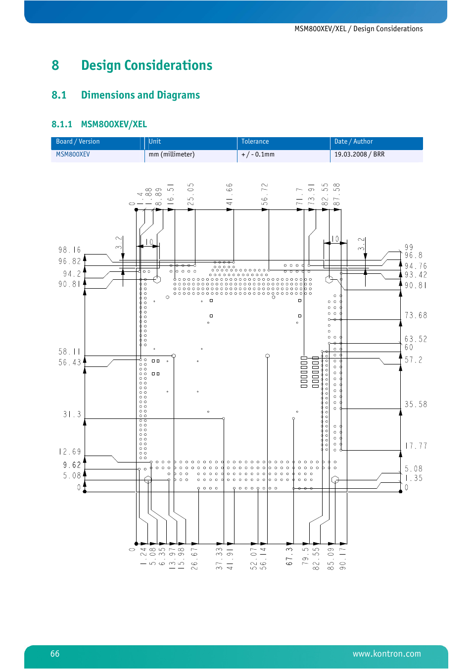 8 design considerations, 1 dimensions and diagrams, 1 msm800xev/xel | Design considerations, Dimensions and diagrams, Msm800xev/xel, 8design considerations | Kontron MSM800XEL User Manual | Page 68 / 105