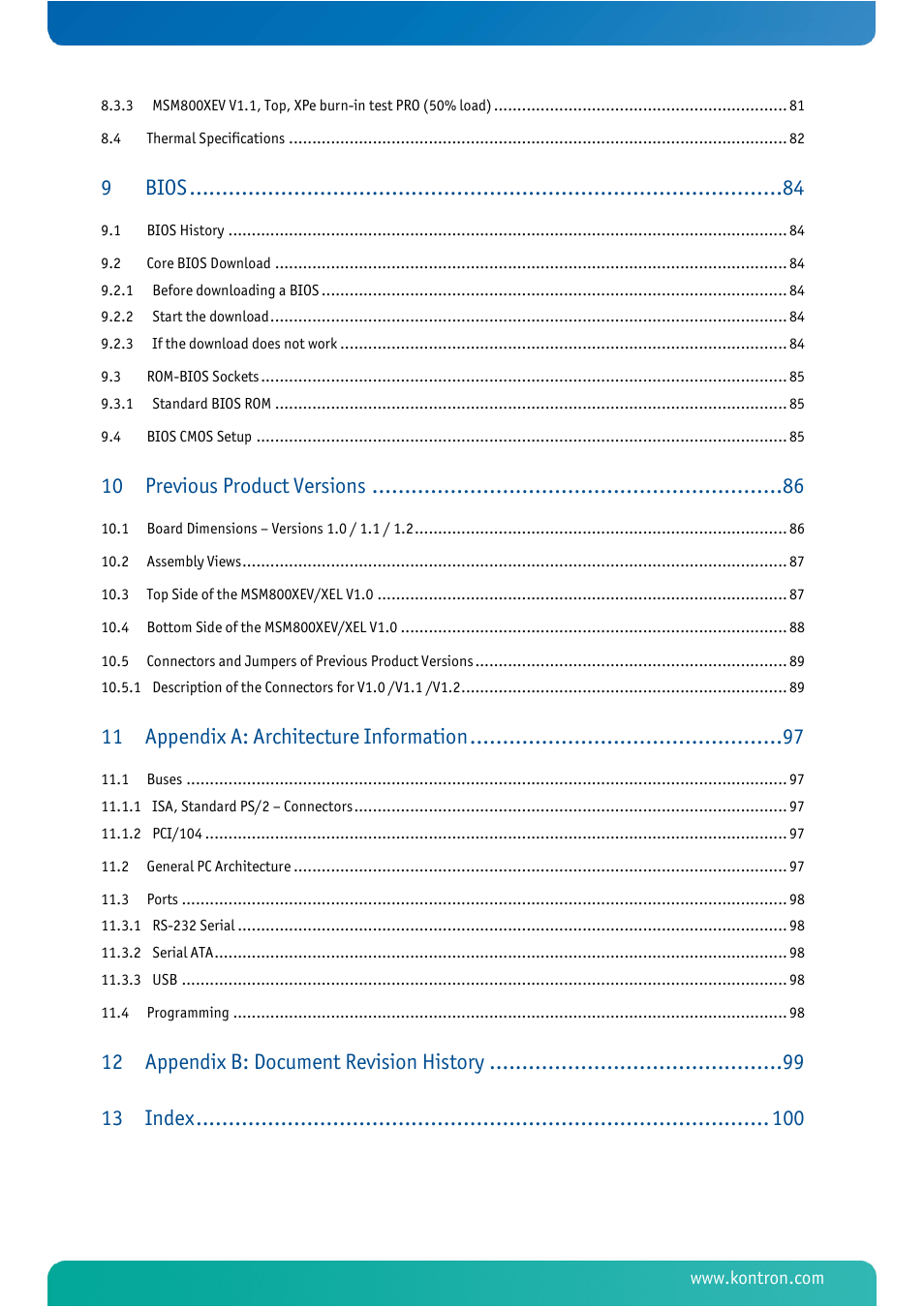 Bios, Previous product versions, Appendix a: architecture information | Appendix b: document revision history 13, Index | Kontron MSM800XEL User Manual | Page 7 / 105