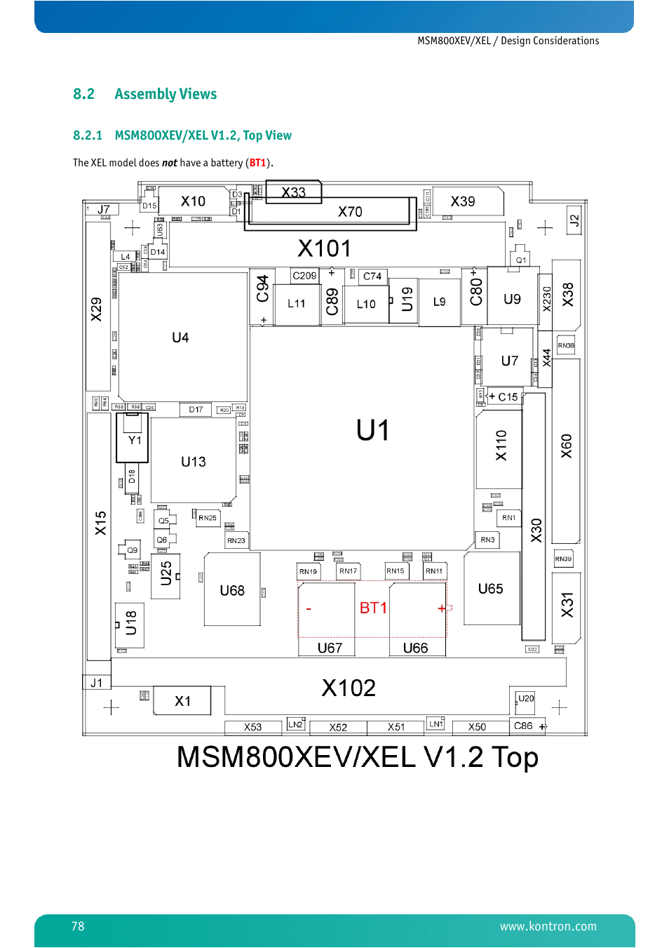 2 assembly views, 1 msm800xev/xel v1.2, top view, Assembly views | Msm800xev/xel v1.2, top view | Kontron MSM800XEL User Manual | Page 80 / 105