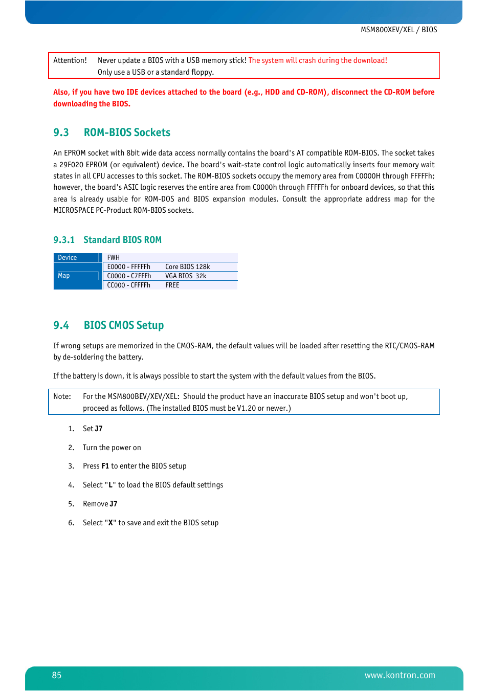 3 rom-bios sockets, 1 standard bios rom, 4 bios cmos setup | Rom-bios sockets, Standard bios rom, Bios cmos setup | Kontron MSM800XEL User Manual | Page 87 / 105