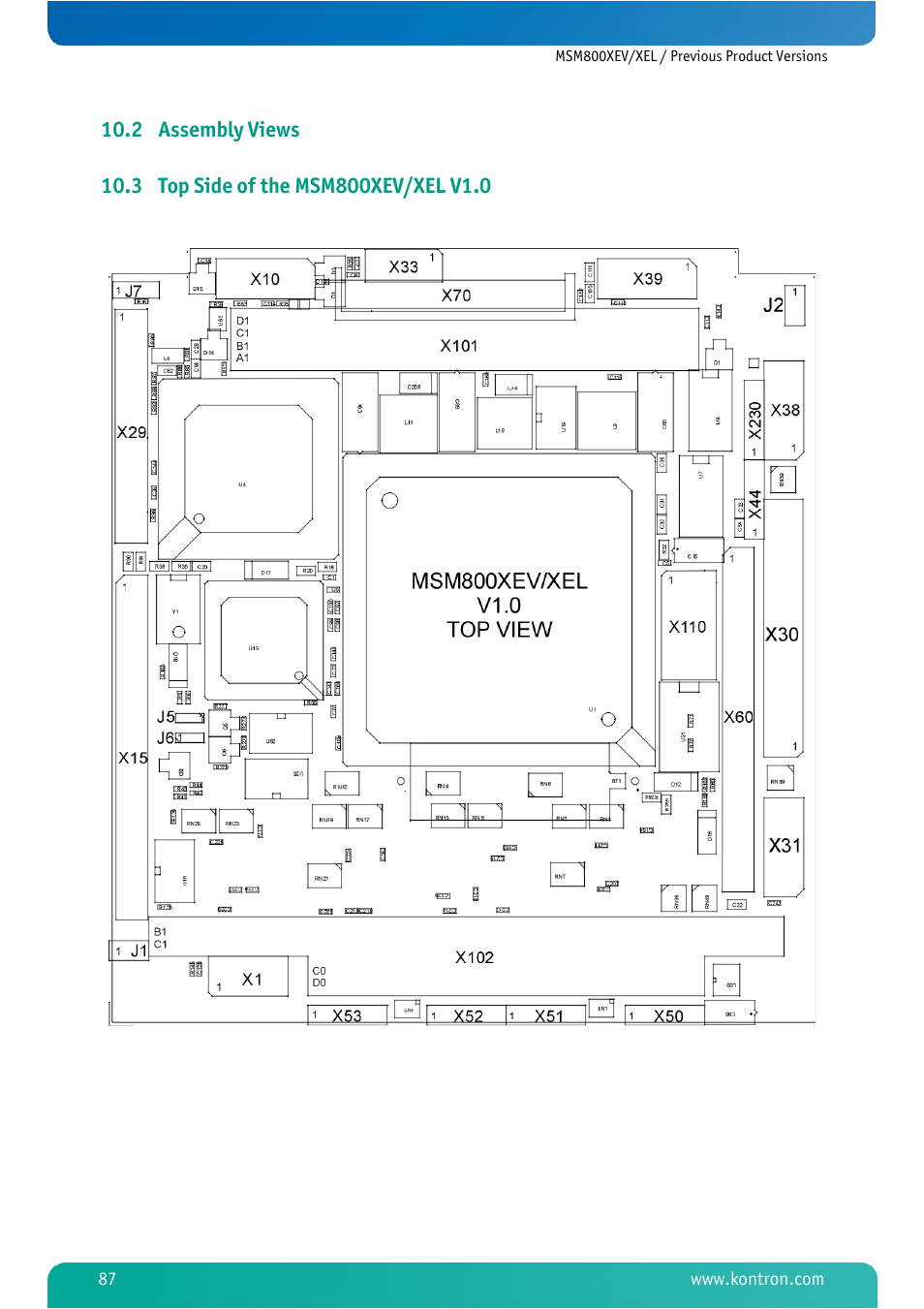 2 assembly views, 3 top side of the msm800xev/xel v1.0, Assembly views | Top side of the msm800xev/xel v1.0 | Kontron MSM800XEL User Manual | Page 89 / 105