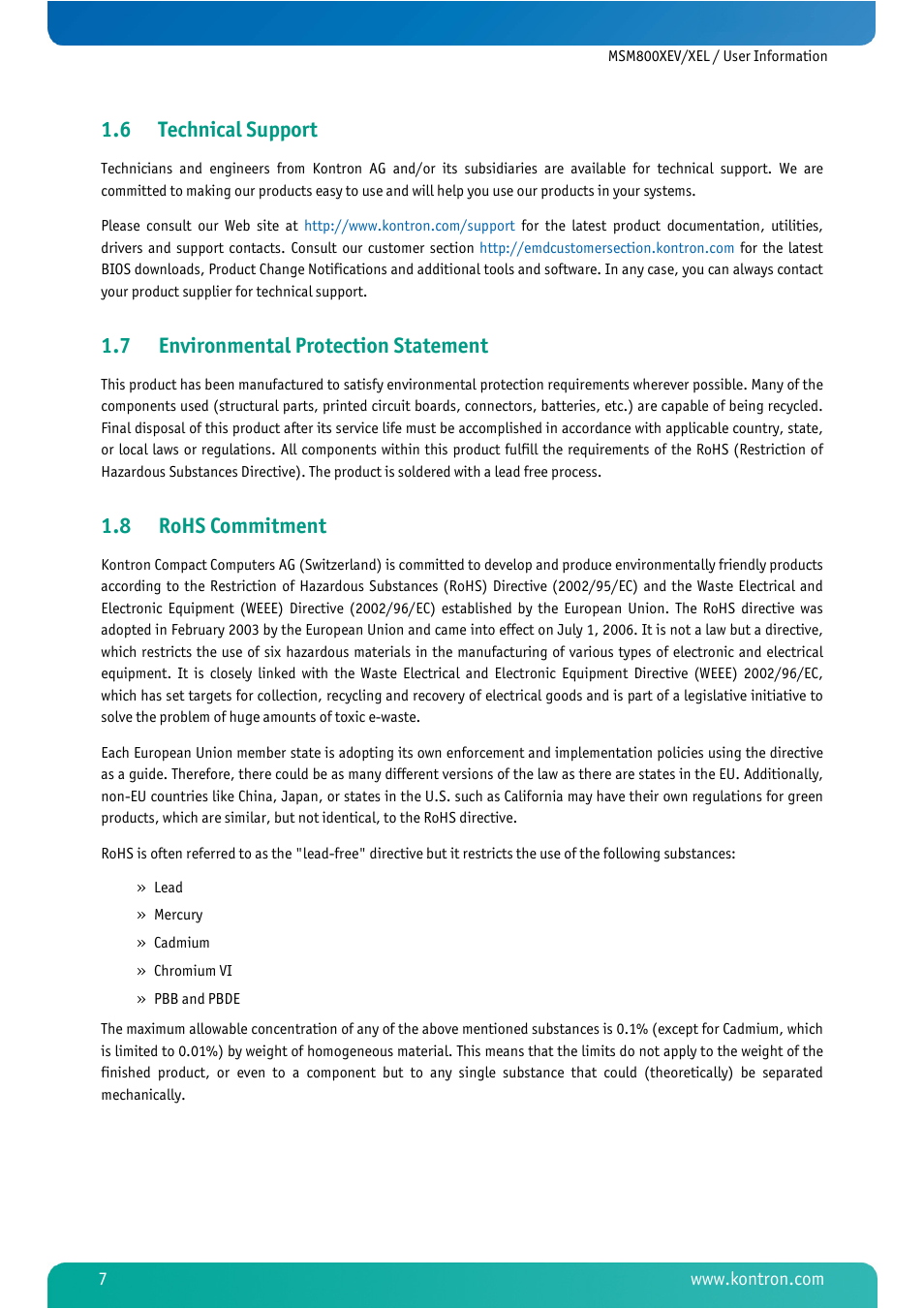 6 technical support, 7 environmental protection statement, 8 rohs commitment | Technical support, Environmental protection statement, Rohs commitment | Kontron MSM800XEL User Manual | Page 9 / 105