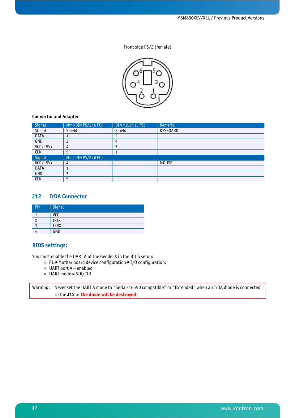 J12 irda connector, Bios settings | Kontron MSM800XEL User Manual | Page 94 / 105