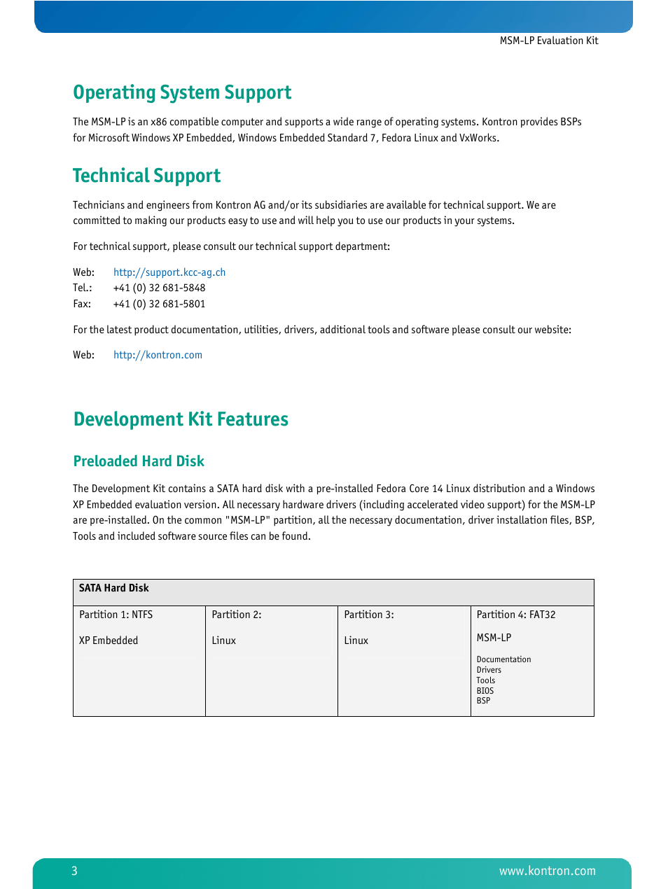 Operating system support, Technical support, Development kit features | Preloaded hard disk | Kontron MSM-LP Manual Start-up Guide V101 User Manual | Page 4 / 6
