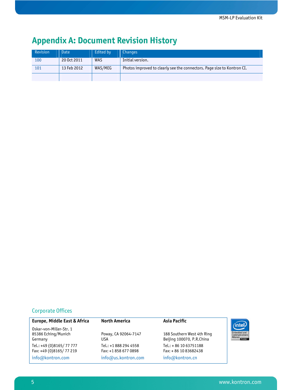Appendix a: document revision history, Corporate offices | Kontron MSM-LP Manual Start-up Guide V101 User Manual | Page 6 / 6