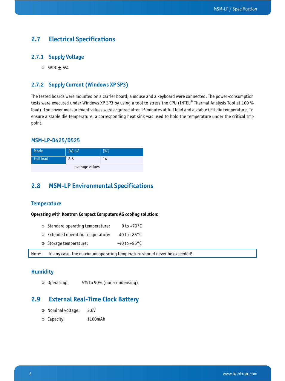 Electrical specifications, Supply voltage, Supply current (windows xp sp3) | Msm-lp environmental specifications, External real-time clock battery, 7 electrical specifications, 8 msm-lp environmental specifications, 9 external real-time clock battery | Kontron MSM-LP Manual User Guide V106 User Manual | Page 10 / 72