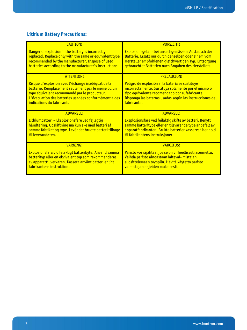 Lithium battery precautions | Kontron MSM-LP Manual User Guide V106 User Manual | Page 11 / 72