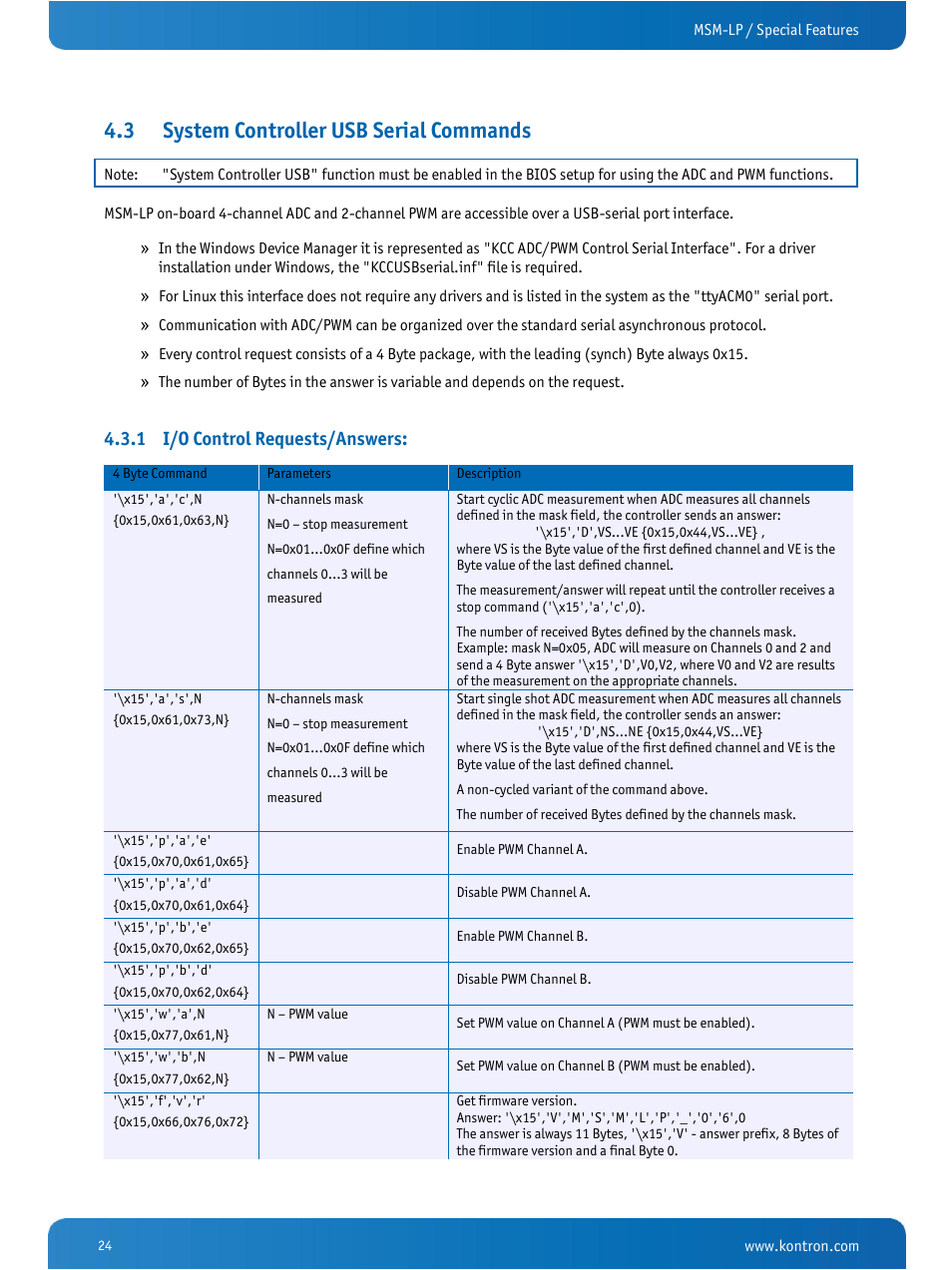 System controller usb serial commands, I/o control requests/answers, 3 system controller usb serial commands | 1 i/o control requests/answers | Kontron MSM-LP Manual User Guide V106 User Manual | Page 28 / 72